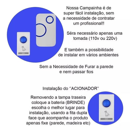 Campainha Digital Sem Fio – 10 Metros de Alcance e 32 Toques Diferentes