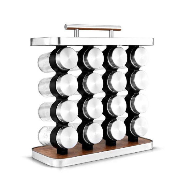 Porta Condimentos Inox Torre de luxo com 16 Frascos de Vidro Premium