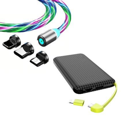 Kit Carregador Cabo Magnético Luminoso 3 em 1 + Power Bank Universal 5.000MAH